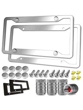 Stainless Steel License Plate Frames Mirror Polished Holder W/ Screws Caps 2PK